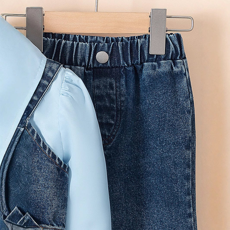 Girls' Lapel Shirt Denim Bell-bottom Pants Three-piece Suit