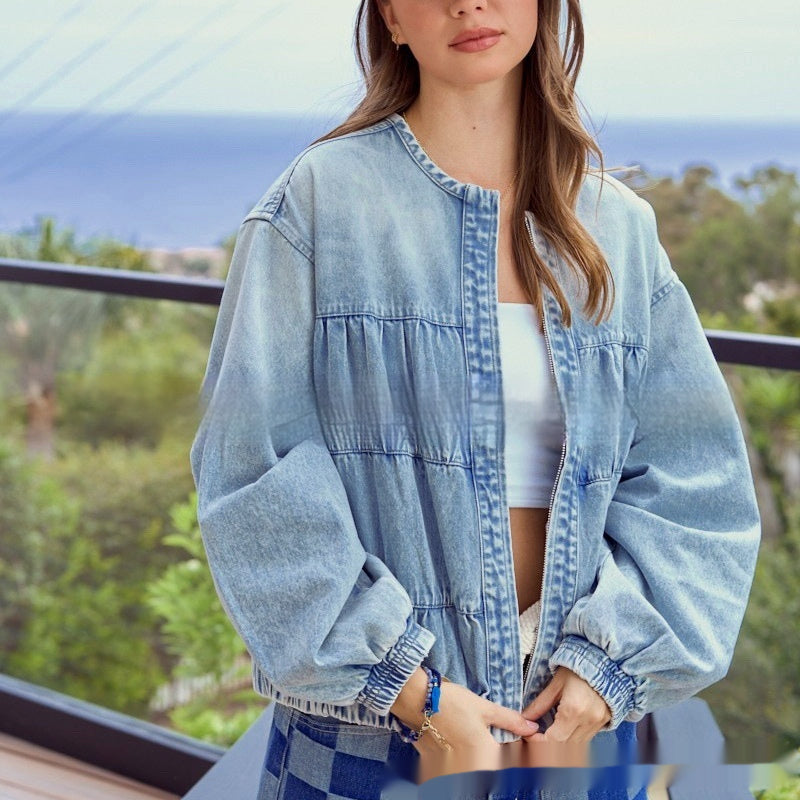 Washed Loose Round Neck Zipper Light Blue European And American Denim Jacket