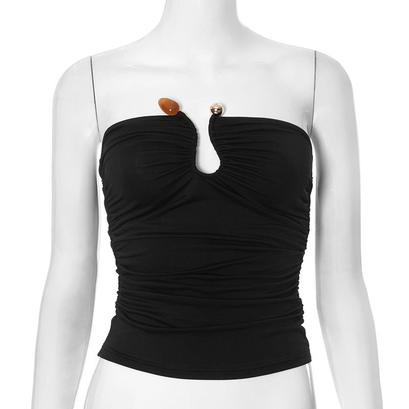 Solid Color Chest-wrapped Backless Pleated Agate T-shirt