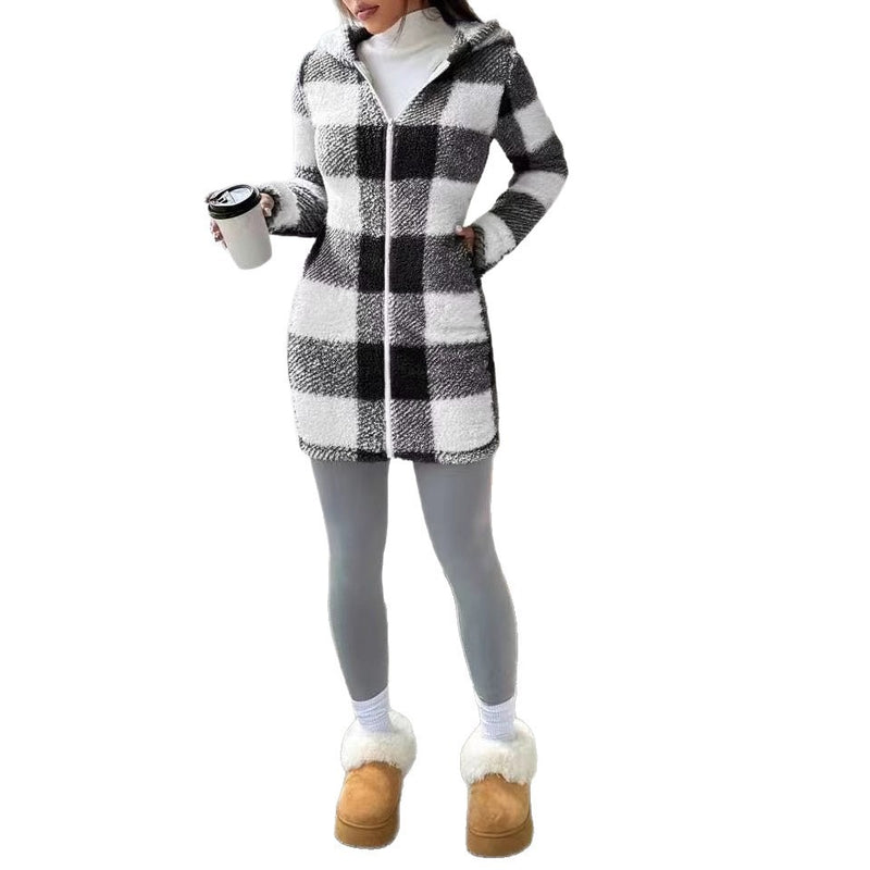 Women's Casual Plaid Printed Double-sided Plush Hooded Zipper Jacket
