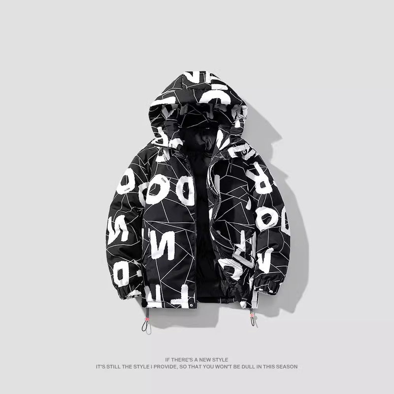 Dicker, baumwollgefütterter Mantel im Hong Kong-Stil mit Buchstaben im Unisex-Stil für Herren