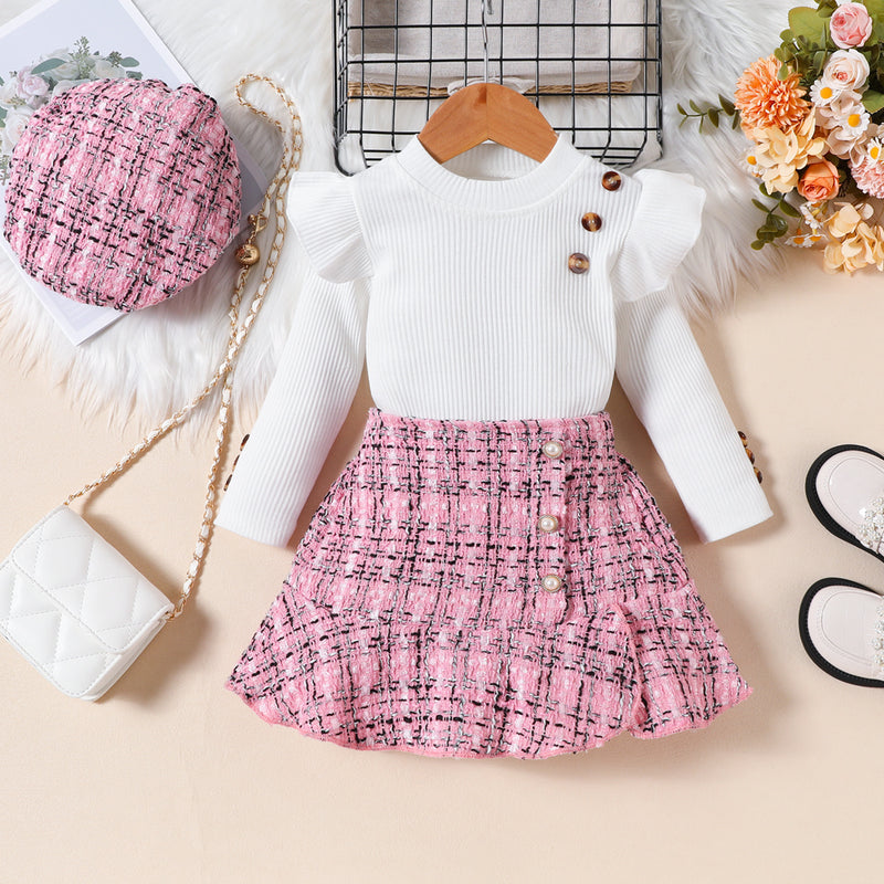 Sunken Stripe Long Sleeve Flying Sleeve Top Plaid Fishtail Skirt Hat Trendy Girl Suit