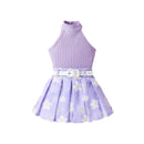Girls' Pit Striped Halter Sleeveless Top Printed Pleated Skirt Belted Suit