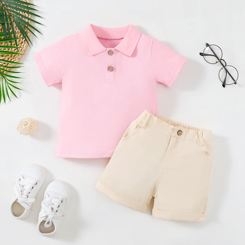 Boy's Polo Shirt Zipper Bar-tack Solid Color Shorts