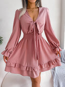 Spring And Summer European And American Leisure Lace-up Waist-tight Wooden Ear Swing Dress