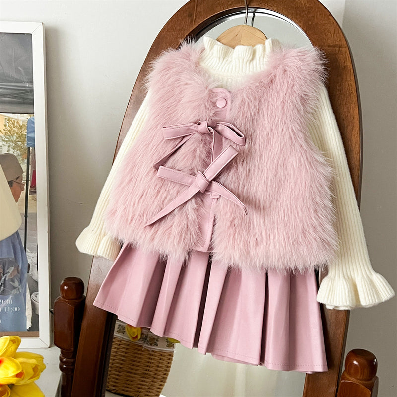 Girls' Autumn And Winter Warm Fur Waistcoat Leather Skirt Suit