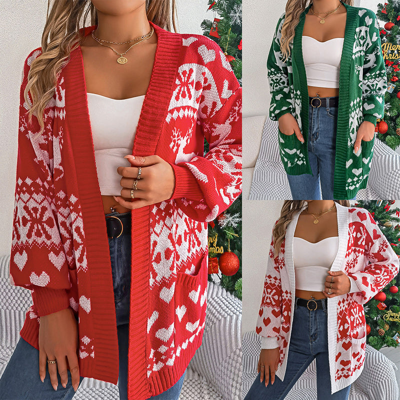 Cardigan ouvert devant pour femme, vêtement de Noël 2024, tricot, manches lanternes, imprimé cerf surdimensionné, poches, tricoté