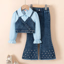 Girls' Lapel Shirt Denim Bell-bottom Pants Three-piece Suit