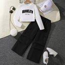 Girl All-match Letter Long Sleeve Sweater Wide Leg Pleated Overalls