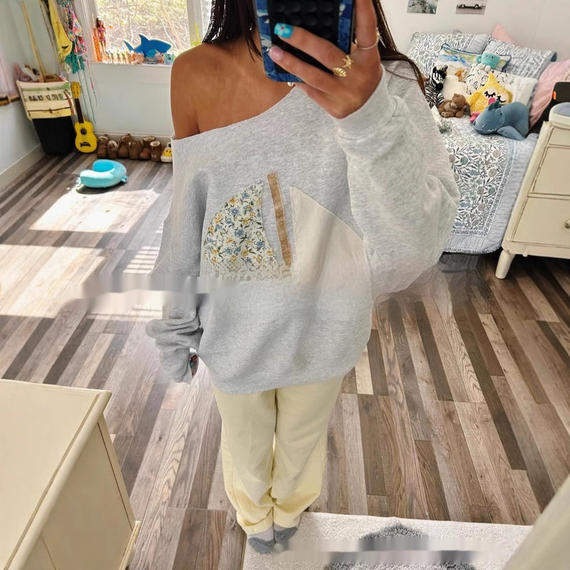 Women's Patch Off-shoulder Two-way Pullover Sweater