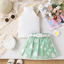 Girls' Pit Striped Halter Sleeveless Top Printed Pleated Skirt Belted Suit